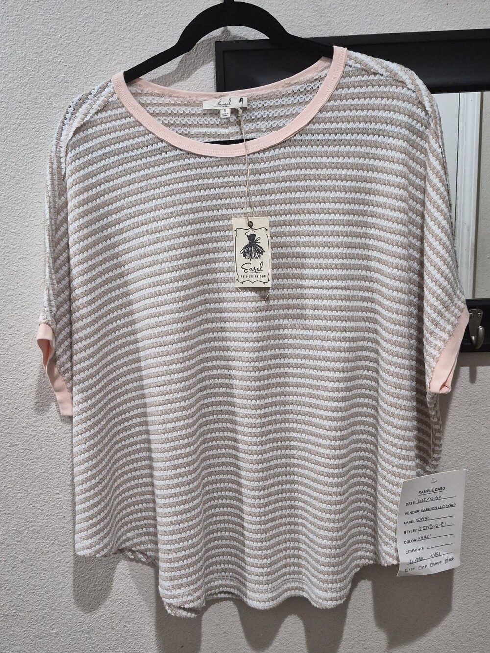 Easel Open Knit Striped Top Oversized Boho Waffle Knit Tee NWT